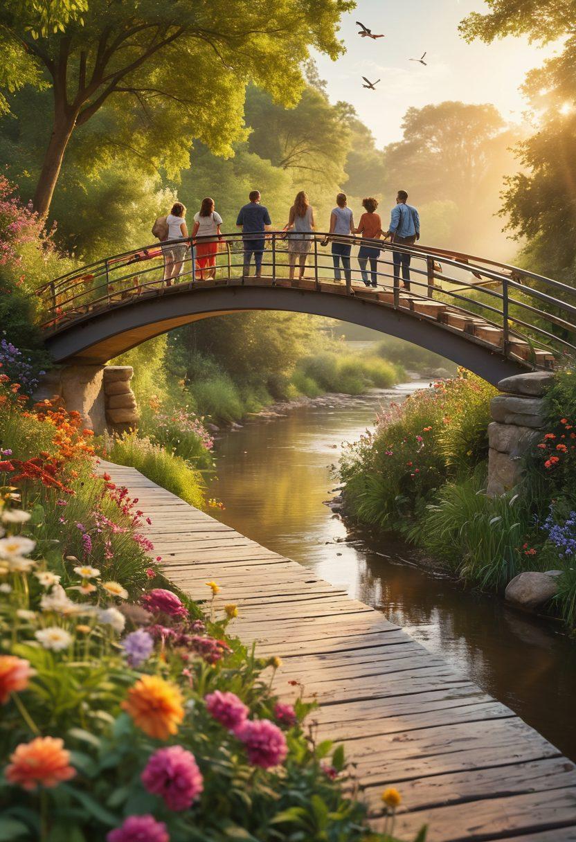 A vibrant and diverse group of people of different backgrounds smiling and connecting on a beautifully constructed bridge overlooking a tranquil river. Colorful flowers and greenery line the path, and birds are flying overhead, symbolizing freedom and connection. Soft sunlight casts a warm glow, emphasizing the joy of friendship and networking. The scene captures the essence of engagement and unity. super-realistic. vibrant colors. serene background.