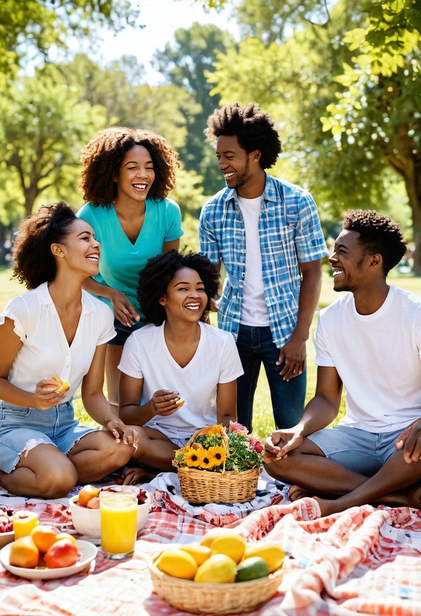 A diverse group of people happily gathered in a sunny park, laughing and sharing stories around a picnic blanket filled with colorful food. Vibrant flowers bloom in the background, signifying joy and connection. Soft sunlight casts warm shadows, enhancing the cheerful and inviting atmosphere. The scene captures the essence of friendship, love, and community spirit. bright and cheerful. super-realistic. vibrant colors.