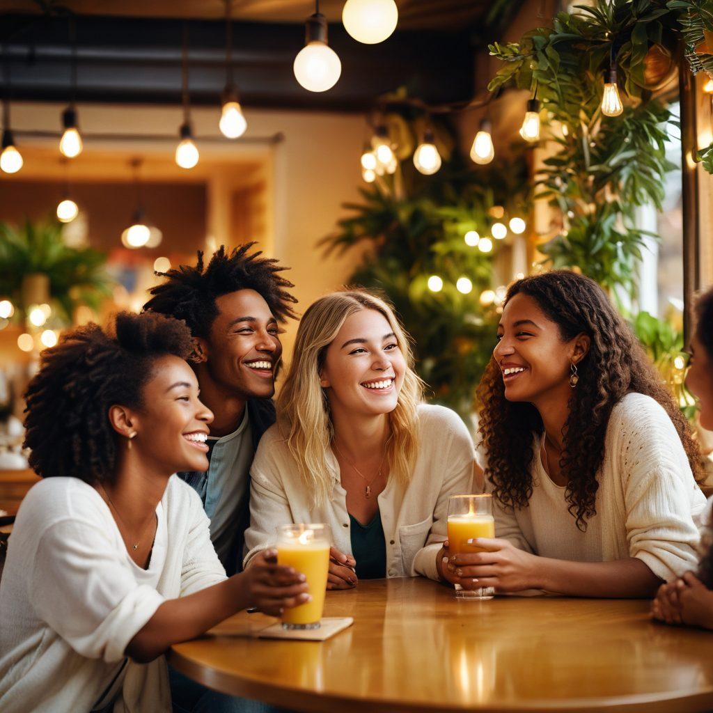 A warm and inviting scene of a diverse group of friends joyfully interacting in a cozy café, sharing laughter and drinks, with vibrant decorations and plants around, symbolizing connection and togetherness. Soft golden lighting enhances the atmosphere of warmth and happiness. super-realistic. vibrant colors. soft focus.